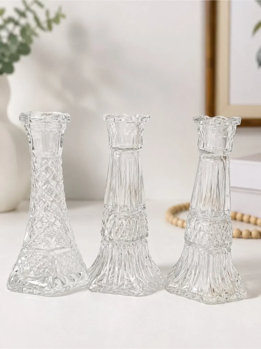 Set of 3 Vintage Pressed Glass Candle Holders – Clear Glass Mixed Designs